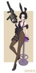  1girl absurdres animal_ears bar_stool black_hair breasts chest_rig covered_navel detached_collar fake_animal_ears finger_on_trigger fingerless_gloves full_body gloves gun hair_over_one_eye headset high_heels highleg highleg_leotard highres holding holding_gun holding_weapon holster large_breasts leaning_on_object leotard looking_at_viewer mole mole_under_eye necktie original pantyhose playboy_bunny rabbit_ears red_eyes red_necktie short_hair solo stool tactical_playboy_bunny tanke_laide thigh_holster two-tone_background weapon weapon_request wrist_cuffs 