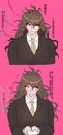  1boy blush brown_hair buttons danganronpa eyebrows eyewear glasses gokuhara_gonta happy japanese_text long_hair necktie new_danganronpa_v3 open_mouth red_eyes shirt simple_background suit text tie zuizi 