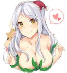  blitzen blue_hair blush breasts closed_mouth eve_santaclaus eyebrows_visible_through_hair hat heart idolmaster idolmaster_cinderella_girls large_breasts long_hair mini_hat nude reindeer santa_hat seaweed simple_background smile solo speech_bubble spoken_heart sweat tuxedo_de_cat upper_body white_background yellow_eyes 