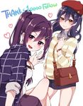  bag bangs beret blue_hair blush commentary_request crossed_legs hair_between_eyes hair_ornament hairclip handbag hat heart long_hair looking_at_viewer love_live! love_live!_school_idol_project love_live!_sunshine!! matsuura_kanan multiple_girls plaid ponytail purin_(purin0) purple_eyes purple_hair simple_background sitting skirt smile sonoda_umi standing striped watch white_background wristwatch 