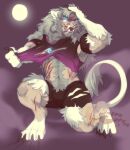 4_fingers 4_toes anthro barefoot black_claws black_lios black_pawpads black_sclera blood blue_eyes bodily_fluids body_hair body_size_growth bottomwear broad_shoulders claw_marks claws clothing crazybear destroyed_clothing digitigrade ears_back facial_wound feet felid finger_claws fingers fluffy_mane full_moon fur fur_growth glowing glowing_eyes glowing_jewelry glowing_necklace glowing_pendant grey_body grey_fur growth hand_on_head happy_trail hi_res human human_to_anthro jewelry kesharo kneeling leg_wound light male mammal mane mid_transformation moon moonlight multicolored_body multicolored_fur muscle_growth narrowed_eyes navel necklace on_one_knee open_mouth pantherine pawpads paws pendant pivoted_ears pupils purple_background scratch_mark scratches shirt shorts simple_background size_transformation slit_pupils snout snout_growth solo species_transformation t-shirt tail tail_tuft tearing_clothing tearing_own_clothing teeth tight_clothing toe_claws toes tongue topwear torn_bottomwear torn_clothing torn_shirt torn_shorts torn_t-shirt torn_topwear torso_wound transformation tuft two_tone_body two_tone_fur watermark werecreature werefelid werelion werepantherine whiskers white_body white_fur wounded