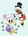  4_fingers ? anthro avian bird clothing digital_media_(artwork) dot_eyes duck ducktales ducktales_(2017) duo eyewear feathers female flowerimh glasses hair hair_bow hair_ribbon hat male money open_mouth ribbons running scrooge_mcduck simple_background sitting skirt top_hat video_games webby_vanderquack white_background white_feathers white_hair 