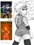  1girl adventure_time ass bare_shoulders colored_skin dnormal11 fiery_hair flame_princess forehead_jewel from_behind highres holding holding_sword holding_weapon looking_back orange_skin photo-referenced shirt short_hair shorts smile sportswear standing sword thighhighs volleyball_uniform weapon 