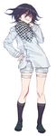  1boy bangs checkered_scarf danganronpa matching_hair/eyes new_danganronpa_v3 ouma_kokichi purple_eyes purple_hair scarf shirt shoes short_hair shorts side_bangs simple_background socks solo straitjacket white_background white_shirt zuizi 