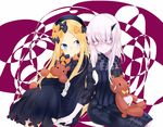  abigail_williams_(fate/grand_order) albino bangs black_bow black_dress black_hat blonde_hair blue_eyes blush bow bowtie commentary_request dress eye_contact fate/grand_order fate_(series) grin hair_bow hat holding holding_hands holding_stuffed_animal horn jpeg_artifacts lavinia_whateley_(fate/grand_order) long_sleeves looking_at_another moguru0808 multiple_girls orange_bow pale_skin parted_bangs pink_eyes polka_dot polka_dot_bow ribbed_dress sitting sleeves_past_wrists smile stuffed_animal stuffed_toy teddy_bear white_hair yellow_bow 