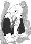  2018 anthro beastars canine clothing digital_media_(artwork) dildo dog jack_(beastars) labrador looking_at_viewer male mammal manmosu_marimo monochrome sex_toy simple_background sitting solo white_background 