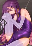  bare_shoulders breasts china_dress chinese_clothes commentary_request dress elbow_gloves glasses gloves halterneck highres kyuusui_gakari leg_hug long_hair looking_at_viewer original pelvic_curtain purple_eyes purple_hair shiny side_slit sitting small_breasts solo thighhighs 