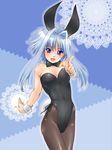  animal_ears bare_shoulders blue_eyes blue_hair bunny_ears bunnysuit long_hair original pantyhose pointing solo yagisaka_seto 