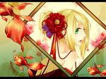  alternate_hairstyle bad_id bad_pixiv_id blonde_hair fish flower green_eyes hair_flower hair_ornament kagamine_rin looking_back natsuki0910 short_hair smile solo vocaloid 