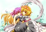  archienemy blonde_hair carrying dress gradient_hair hair_ornament hijiri_byakuren long_hair multicolored_hair multiple_girls one_eye_closed princess_carry shawl short_hair toramaru_shou touhou yellow_eyes 