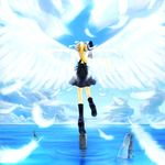  air bird blonde_hair boots crow feathers from_behind kamio_misuzu kou1 long_hair ponytail rock school_uniform solo sora_(air) water wings 