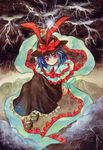  absurdres bad_id bad_pixiv_id blue_hair bow cloud dress frills hanekoto hat highres lightning nagae_iku pointing red_eyes shawl short_hair sky smile solo touhou traditional_media watercolor_(medium) 