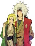  1girl blonde_hair blush breasts brown_eyes cleavage couple facepaint facial_mark fishnets forehead_mark forehead_protector hand_on_hip hand_on_shoulder height_difference hetero japanese_clothes jiraiya long_hair medium_breasts naruto naruto_(series) simple_background tamagokara tsunade white_hair 