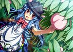  akashio_(loli_ace) apron blue_hair bow dress dutch_angle food from_above fruit hat hinanawi_tenshi long_hair peach red_eyes solo touhou tree 