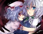  bat_wings blue_eyes braid close-up fang hat hug izayoi_sakuya lavender_hair multiple_girls nazuka_(mikkamisaki) red_eyes remilia_scarlet short_hair silver_hair touhou twin_braids white_hair wings wrist_cuffs 