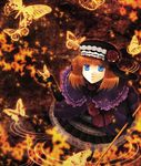  bad_id bad_pixiv_id blue_eyes bow bug butterfly elbow_gloves eva_beatrice flower from_above gloves hat insect looking_up narita_chika orange_hair ribbon rose solo sparkle staff umineko_no_naku_koro_ni 