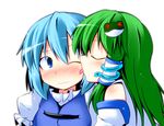  &gt;_&lt; 2girls blue_eyes blue_hair blush detached_sleeves frog green_hair hair_ornament ichimi kochiya_sanae licking multiple_girls snake tatara_kogasa touhou wince yuri 