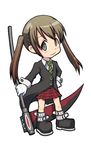 bad_id bad_pixiv_id belt boots brown_hair chibi full_body gloves grey_eyes hand_on_hip long_hair luckybamboo maka_albarn necktie plaid plaid_skirt school_uniform scythe simple_background skirt solo soul_eater standing trench_coat twintails weapon white_gloves 