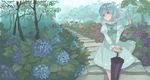  ann606 aqua_eyes aqua_hair closed_umbrella flower garden heterochromia hydrangea karakasa_obake red_eyes short_hair solo stairs standing tatara_kogasa touhou tree umbrella 