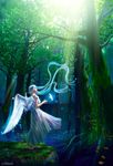  angel_wings barefoot blue_hair dress flower long_hair original solo sunlight takashi_mare tree water wings 