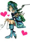  \m/ aqua_eyes backpack bag blue_hair boots cable grin hair_bobbles hair_ornament hat heart kawashiro_nitori shirotsume short_hair smile solo touhou two_side_up wrench 