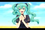  aqua_eyes choker dress gallows_bell_(vocaloid) green_hair hands_clasped hatsune_miku letterboxed long_hair own_hands_together scrunchie smile solo twintails vocaloid yunca 