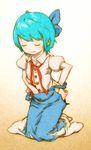  absurdres bad_id bad_pixiv_id blue_hair bow cirno closed_eyes dressing feral_lemma hair_bow highres ribbon solo touhou 