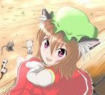  animal_ears brown_hair cat cat_ears cat_tail chen earrings foreshortening hat jewelry multiple_tails purple_eyes short_hair solo tail tanabotanyanko touhou 
