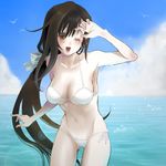  arm_up bad_id bad_pixiv_id bikini bird breasts brown_eyes brown_hair cleavage cloud day face final_fantasy final_fantasy_vii groin halterneck highres large_breasts lens_flare long_hair nagumo_kuu navel ocean one_eye_closed open_mouth sky smile solo splashing swimsuit tifa_lockhart very_long_hair wince 