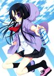  akiyama_mio black_hair full_body hood hoodie k-on! long_hair meito_(maze) necktie no_thank_you! open_clothes open_hoodie purple_eyes school_uniform shoe_dangle sleeves_pushed_up solo spray_can 