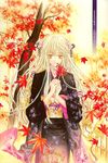  autumn byakuya_zaushi flower hair_ornament holding japanese_clothes kimono leaf long_hair obi official_art sash solo spider_lily tooko_miyagi tree white_hair wide_sleeves yellow_eyes 