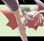  antennae bottomless cape foreshortening green_eyes green_hair kicking panties short_hair solo striped striped_panties touhou underwear wriggle_nightbug yoshi_tama 