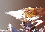  alice_margatroid blonde_hair cape capelet fingerless_gloves frills gathers gloves hair_over_one_eye mitsusaka_mitsumi simple_background solo string touhou 