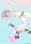  artist_request barefoot brown_eyes brown_hair camera cigarette clothes_writing flcl gainaxtop lingerie lips midriff navel panties photo_(object) pink_panties red_eyes samejima_mamimi shirt simple_background smoking solo t-shirt thigh_gap underwear 
