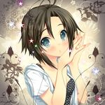  antenna_hair black_hair blue_eyes blush casual idolmaster idolmaster_(classic) idolmaster_2 kikuchi_makoto mitsumomo_mamu polka_dot short_hair solo 