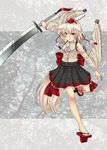  animal_ears detached_sleeves geta hat inubashiri_momiji legs onoga_yue red_eyes short_hair solo sword tail tengu-geta tokin_hat touhou weapon white_hair wolf_ears wolf_tail 