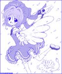  bad_id bad_pixiv_id cardcaptor_sakura dress fuuin_no_tsue hat kero kinomoto_sakura kurukuru_(korekita) magical_girl monochrome purple short_hair simple_background thighhighs wand white_background wings 