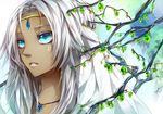  blue_eyes branch copyright_request grey_hair headband jewelry long_hair matsunaka_hiro necklace solo 