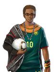  alternate_costume axis_powers_hetalia ball bangle bracelet brown_eyes brown_hair cameroon_(hetalia) clothes_writing dark_skin dark_skinned_male glasses jabulani jersey jewelry male_focus necklace scar sherry_lai soccer soccer_ball solo sport sportswear uniform world_cup wristband 