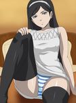  bare_shoulders black_hair black_legwear blue_eyes dress hairband kumashiro_maya long_hair long_legs panties pantyshot seikimatsu_occult_gakuin solo striped striped_panties thighhighs toku_(tokuhp) underwear 