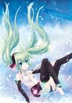  :o absurdres aqua_eyes barefoot bridal_gauntlets floating_hair green_hair hatsune_miku hatsune_miku_(append) highres long_hair necktie solo thighhighs toenail_polish twintails very_long_hair vocaloid vocaloid_append yukitarou_(awamori) 