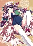  book crescent dress hat long_hair nagayama_yuunon one-piece_swimsuit open_clothes open_dress patchouli_knowledge purple_eyes purple_hair school_swimsuit solo swimsuit swimsuit_under_clothes thighhighs touhou white_legwear 