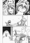  :&lt; :d ^_^ anger_vein bad_id bad_pixiv_id braid closed_eyes comic giving_up_the_ghost greyscale hidefu_kitayan hong_meiling izayoi_sakuya knife knifed long_hair monochrome multiple_girls no_nose o_o open_mouth ribbon short_hair smile touhou translated twin_braids 