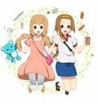  bag blonde_hair blue_eyes brown_eyes brown_hair casual drink handbag jumping k-on! kotobuki_tsumugi long_hair multiple_girls namine0079 pantyhose short_hair stuffed_animal stuffed_toy tainaka_ritsu teddy_bear 