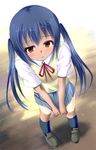  blue_hair blush brown_eyes dutch_angle from_above k-on! light_frown loafers long_hair nakano_azusa neck_ribbon odayan pigeon-toed pleated_skirt red_ribbon ribbon school_uniform shoes shorts_tan skirt skirt_tug socks solo standing tan tanline twintails v_arms 