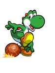  basketball black_eyes full_body highres leg_up mario_(series) motion_blur no_humans official_art open_mouth orange_footwear shoes simple_background smile standing standing_on_one_leg super_mario_bros. white_background yoshi 