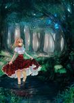  absurdres ahoge blonde_hair bug butterfly dress forest glowing grass hairband highres insect leaf nature original pisuke plant reflection ripples skirt_hold solo tree wading water 