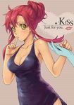  alternate_hairstyle bad_id bad_pixiv_id bare_shoulders breasts cleavage dress english finger_to_mouth formalin hair_bun hands lipstick_mark medium_breasts nail_polish out_of_frame red_hair red_nails sidelocks solo_focus tengen_toppa_gurren_lagann yellow_eyes yoko_littner 