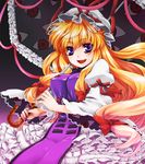  blonde_hair bow dress eyelashes eyes fingernails frilled_dress frills hair_bow hands hat long_hair looking_at_viewer nail_polish namisaki_yuka open_mouth parasol puffy_sleeves purple_eyes purple_nails smile solo tabard touhou umbrella yakumo_yukari 