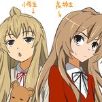  7001 aisaka_taiga brown_eyes brown_hair crossover fujioka-kuma long_hair look-alike minami-ke minami_chiaki multiple_girls school_uniform stuffed_animal stuffed_toy teddy_bear toradora! translated 